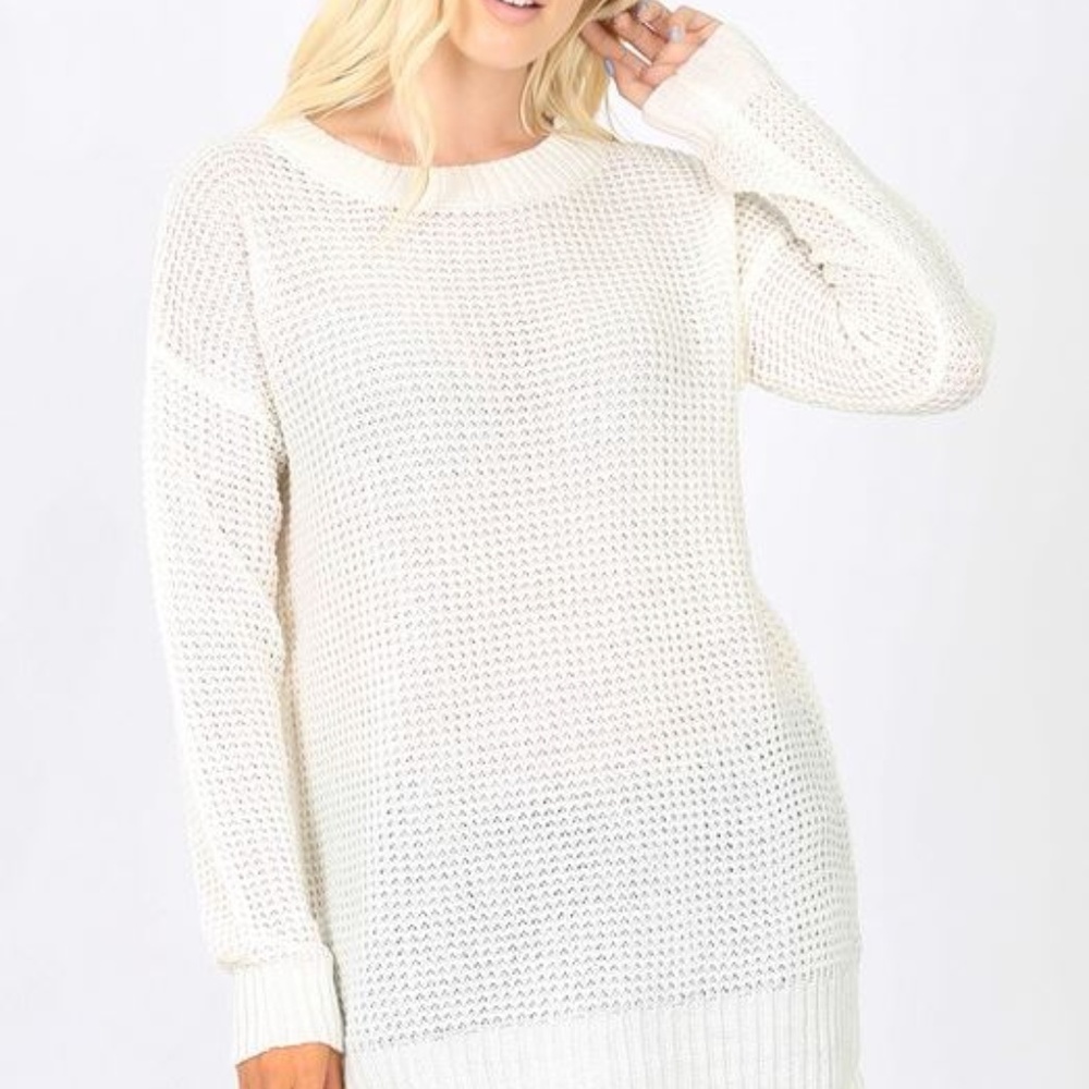 LONG SLEEVE ROUND NECK WAFFLE SWEATER SIDE SLIT - Picture 2 of 2